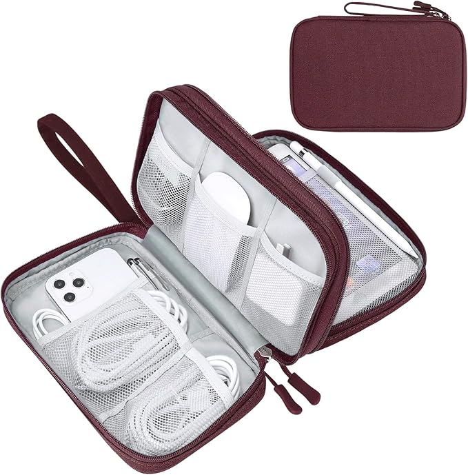 FYY Electronic Organizer, Large Travel Cable Organizer Bag Pouch Electronic Accessories Carry Case Portable Waterproof Double Layers All-in-One Storage Bag for Cable, Cord, Charger, Phone, Wine Red