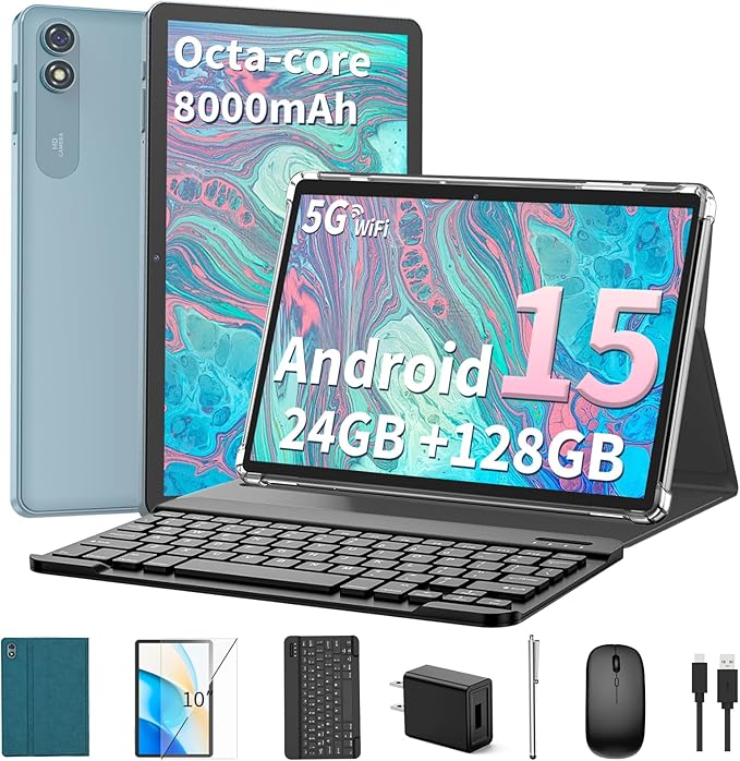 2025 Android 15 Tablet with Keyboard, 24GB+128GB+2TB Expand, 10.1 Inch Octa-Core 2-in-1 Tablets with 5G/2.4G WiFi, 8000mAh, BT5.0, GMS Certified, with Mouse, Case, Stylus, Split Screen(Green)