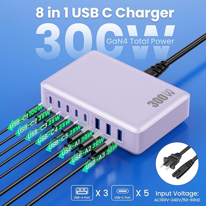 USB C Charger 300W USB C Charger Block, 8-Ports GaN IV Fast Charging Station Hub, Dual PD 100W Laptop Charger Adapter,for MacBook Pro/Air/iPad/iPhone16/15/14/Apple Watch/DELL/Samsung for Home Office