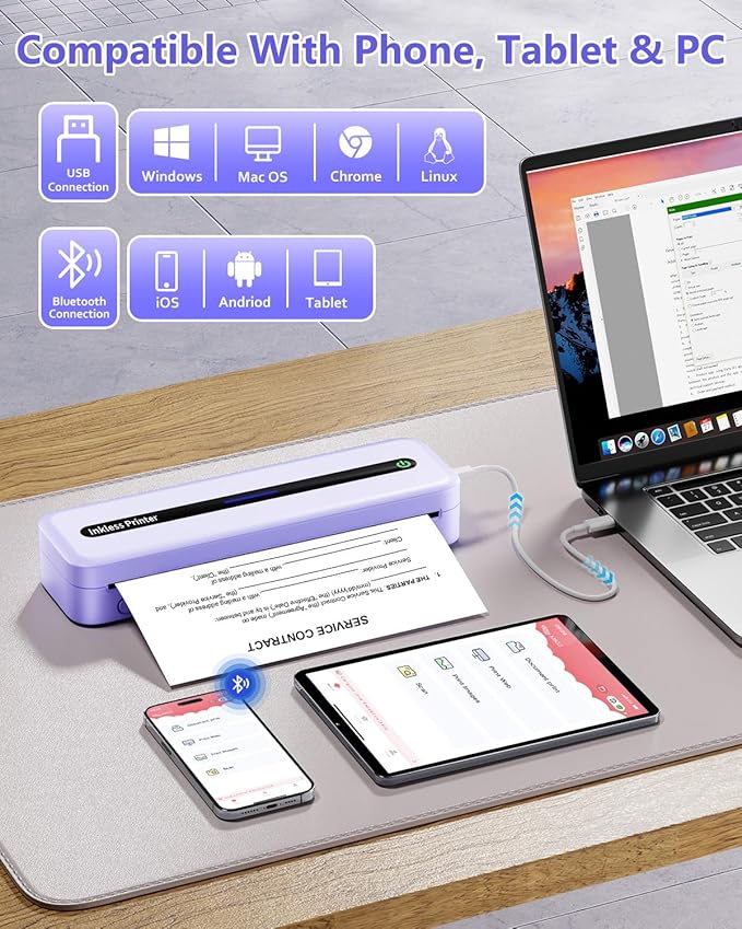 Itari M832 Portable Printer for Travel with Case and 4 Rolls Paper, Inkless Thermal Printer, Support 8.5" x 11" A4 & US Letter, Wireless Compatible with iPhone, Android, Laptop, Purple