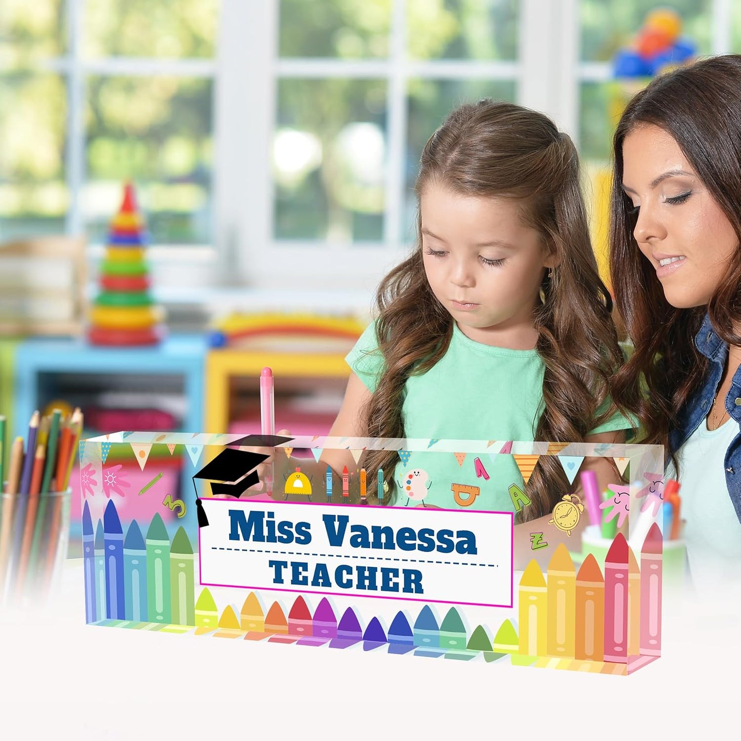 Teacher Name Plates for Desk, Acrylic Name Plate Personalized, Gifts for Teacher Boss Employee Appreciation Office Desk Decor (Kindergarten 1)