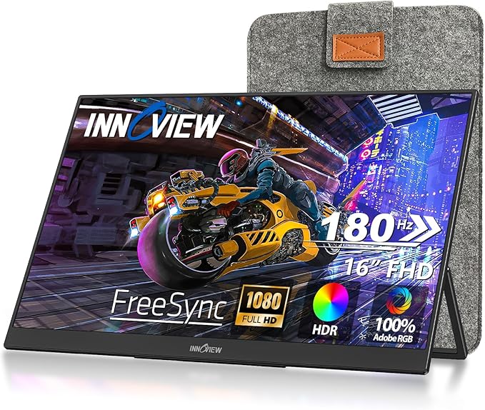 InnoView Portable Monitor, 16" 1200P FHD 180Hz 100% sRGB, Portable Gaming Monitor with Sleeve, USB-C Mini HDMI Portable Laptop Monitors for Laptop, Phones, MacBook, Tablet, PS4/5, Switch, Xbox