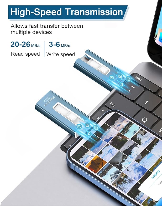 256GB USB Flash Drive for Phone and Pad, Photo Stick High Speed External USB Thumb Drives Photo Storage Memory Stick for Save More Photos and Videos (Blue, 256GB)