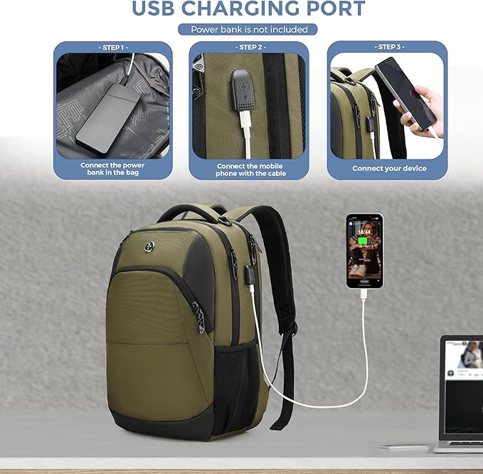 Swissdigital Design Business Laptop Backpack, College Laptops Backpack with USB Charging Port for Men and Women Fits 16 Inch Notebook, Olive | ANDWIL