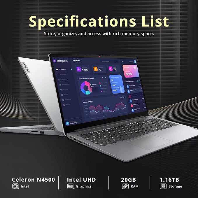 Lenovo Ideapad 1 15.6" HD Anti-Glare Laptop, Intel Celeron N4500, 20GB RAM, 1.16TB Storage(1TB SSD+160GB Docking Station Set), Intel UHD Graphics, Num Pad, Webcam, Win 11s, Grey