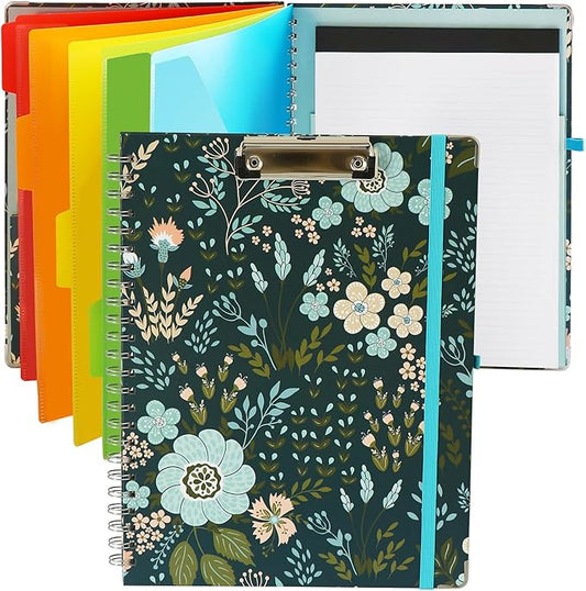 Clipboard Folio Spiral Folder Board,5 Extra Folders with 10 Storage Pockets,Refillable Lined Fillable Notepad,Folded Clipboard with Storage,Suitable for Office,School and Student (Green Flowers)