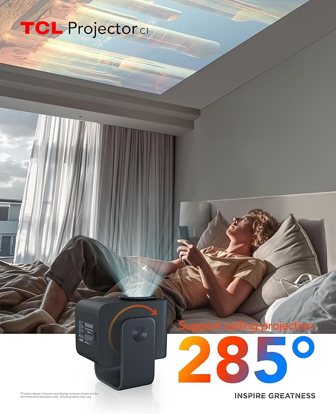 TCL C1 GTV Portable Projector, Native 1080P, Built-in Gimbal, Netflix Officially Licensed, WIFI and Bluetooth, 30,000-Hour Life, Auto Focus, 8W Dolby Digital Audio, 120'' Screen, Ceiling Projection