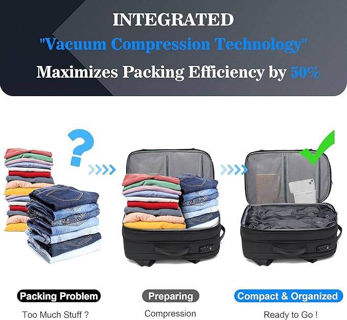 Vacuum Backpack Travel,60L Expandable Vacpack Backpack with Vacuum Pump, Water Resistant &TSA Lock, Easyvacpack Carry On Backpack Flight Approved Fits 17.3" Laptop, Black