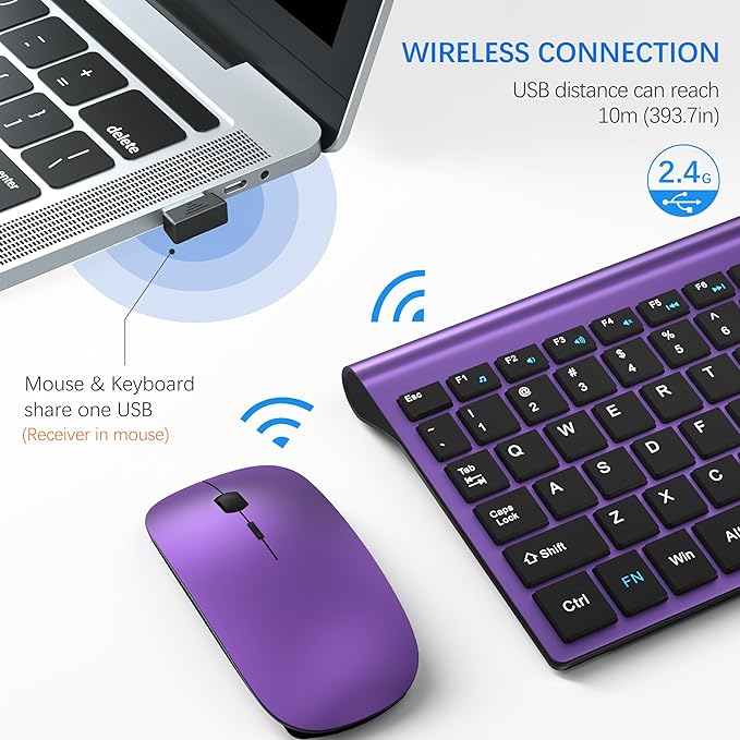 Wireless Keyboard and Mouse Ultra Slim Combo, TopMate 2.4G Silent Compact USB 2400DPI Mouse and Scissor Switch Keyboard Set with Cover, 2 AA and 2 AAA Batteries, for PC/Laptop/Windows/Mac-Purple Black