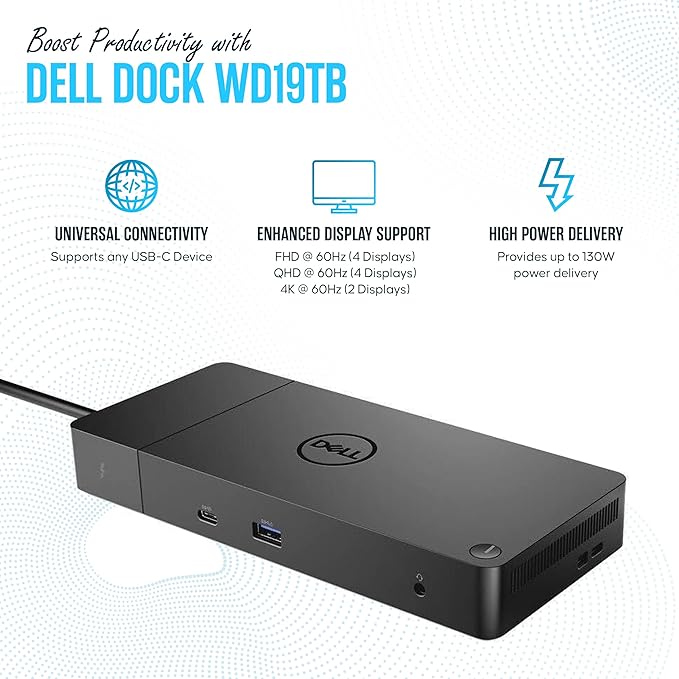 Dell WD19TB Thunderbolt Dock - 1 Year Warranty - Dell Docking Station Dual Monitor USB C with 180W, HDMI & DisplayPort Cable - Docking Station for Laptop & Computer (Renewed)