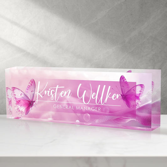 Custom Office Name Plate for Desk, Desk Name Plate Personalized, Personalized Gifts for Women, Appreciation Gifts for Employee Coworkers Boss Teacher, Office Accessories (Purple Butterfly)