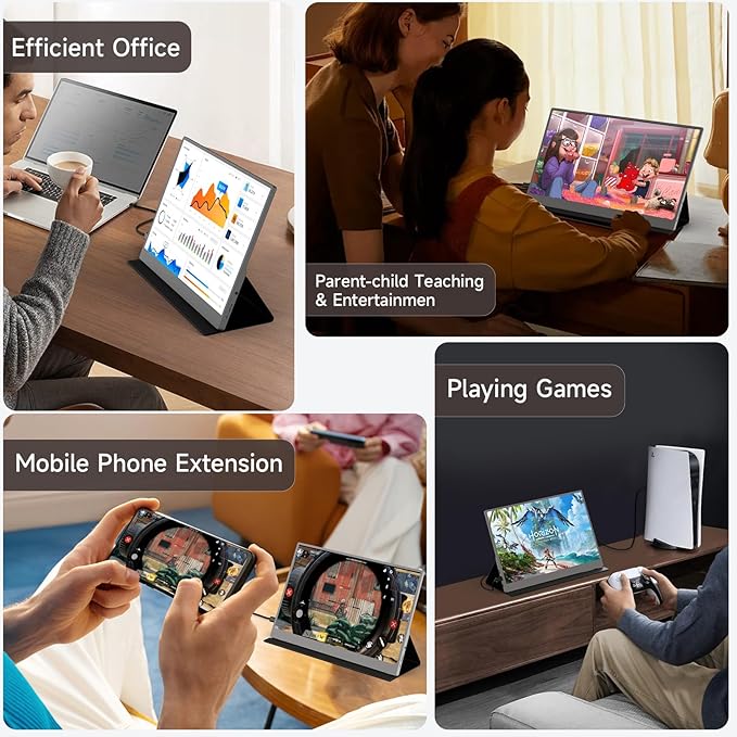 qaf 15.6 Inch Portable Monitor, FHD 1080P USB-C HDMI External Display, 100% sRGB HDR IPS Ultra-Thin Travel Second Screen for Laptop Mac Phone PS5 Xbox Switch, with Smart Cover & Speakers (Space Grey)