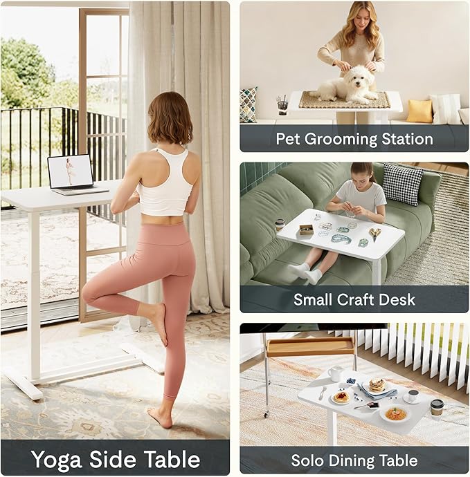 FLEXISPOT H7 Adjustable Overbed Bedside Table with Wheels Pneumatic Mobile Standing Laptop Desk Rolling Computer Cart Movable Overbed Table Hospital Home Use (31.5" W x 17.7" D, White Large)