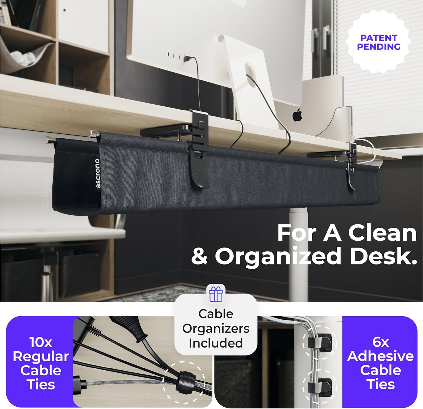 Original No Drill Under Desk Cable Management Tray 40.6" - Premium Black Fabric Cable Management Under Desk - Clamp/Screw Mount Cord Organizer - Supports Upto 66lbs - Large