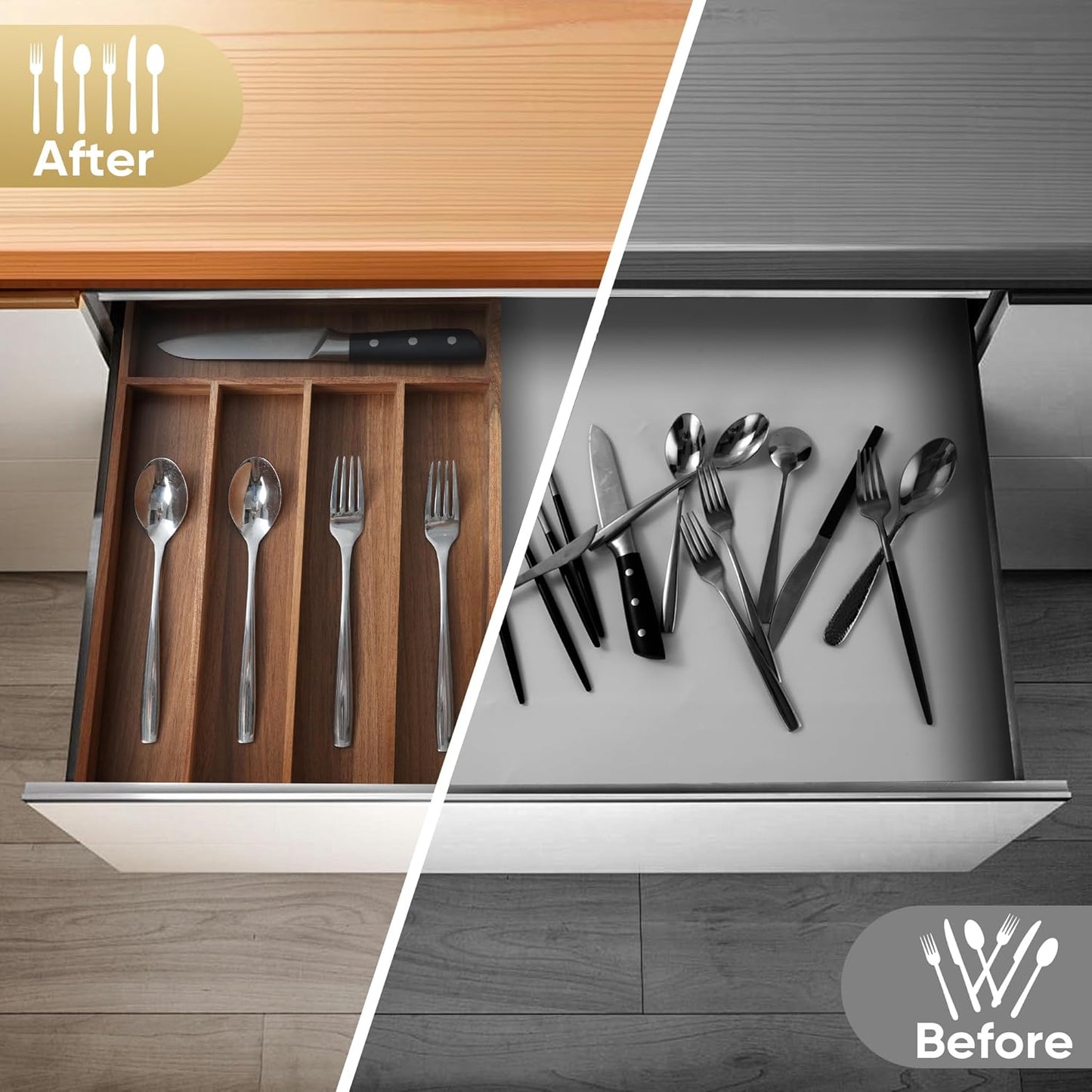 Silverware Organizer, 10 Inch Utensil Organizer Kitchen Drawer Organizer Acacia Silverware Holder Cutlery Tray Organizer in Drawer Flatware Organizer Tray(5 slots, Acacia）