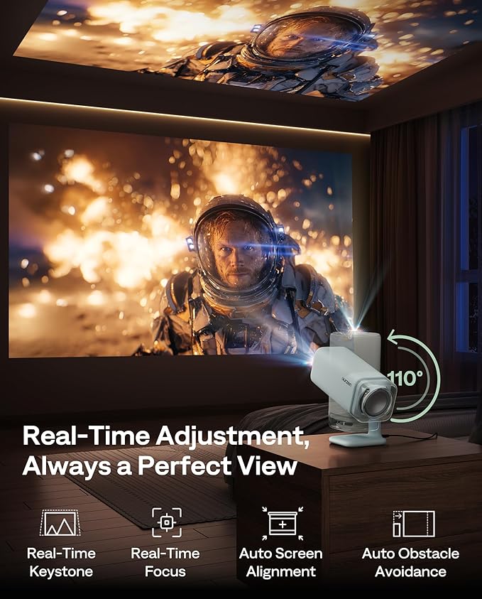 Aurzen BOOM Air Portable Google TV Projector with WiFi and Bluetooth, Smart Projector for Outdoor & Home Movie, USB-C Powered, 4K Supported, Real-Time Focus, Dolby Audio, Adjustable Stand, Green