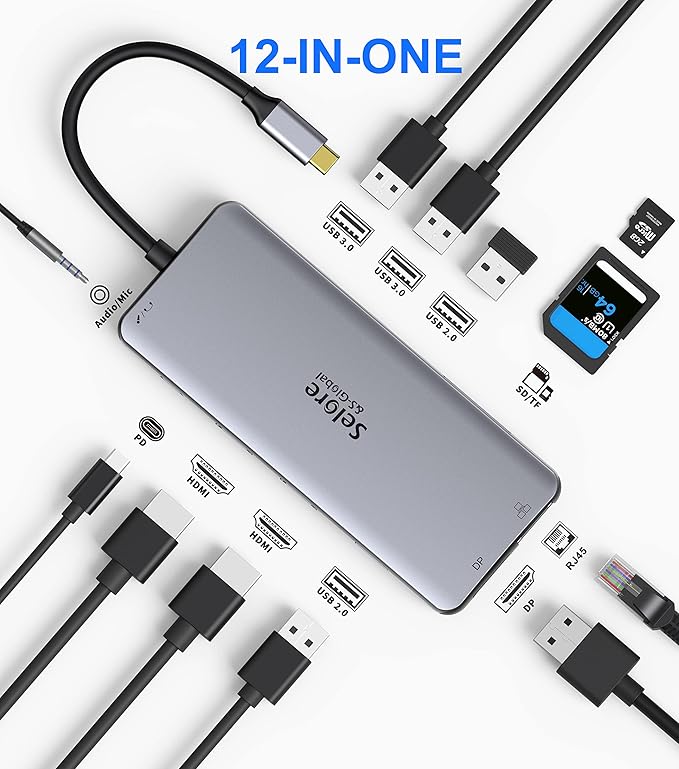 USB C Docking Station Dual Monitor,USB C to HDMI Adapter,Type C Hub Multiport Adapter with Displayport,100WPD USB3.0,SD/TF,Ethernet,3.5mm Audio,Laptop Docking Station for Dell/Hp/XPS/Surface.etc