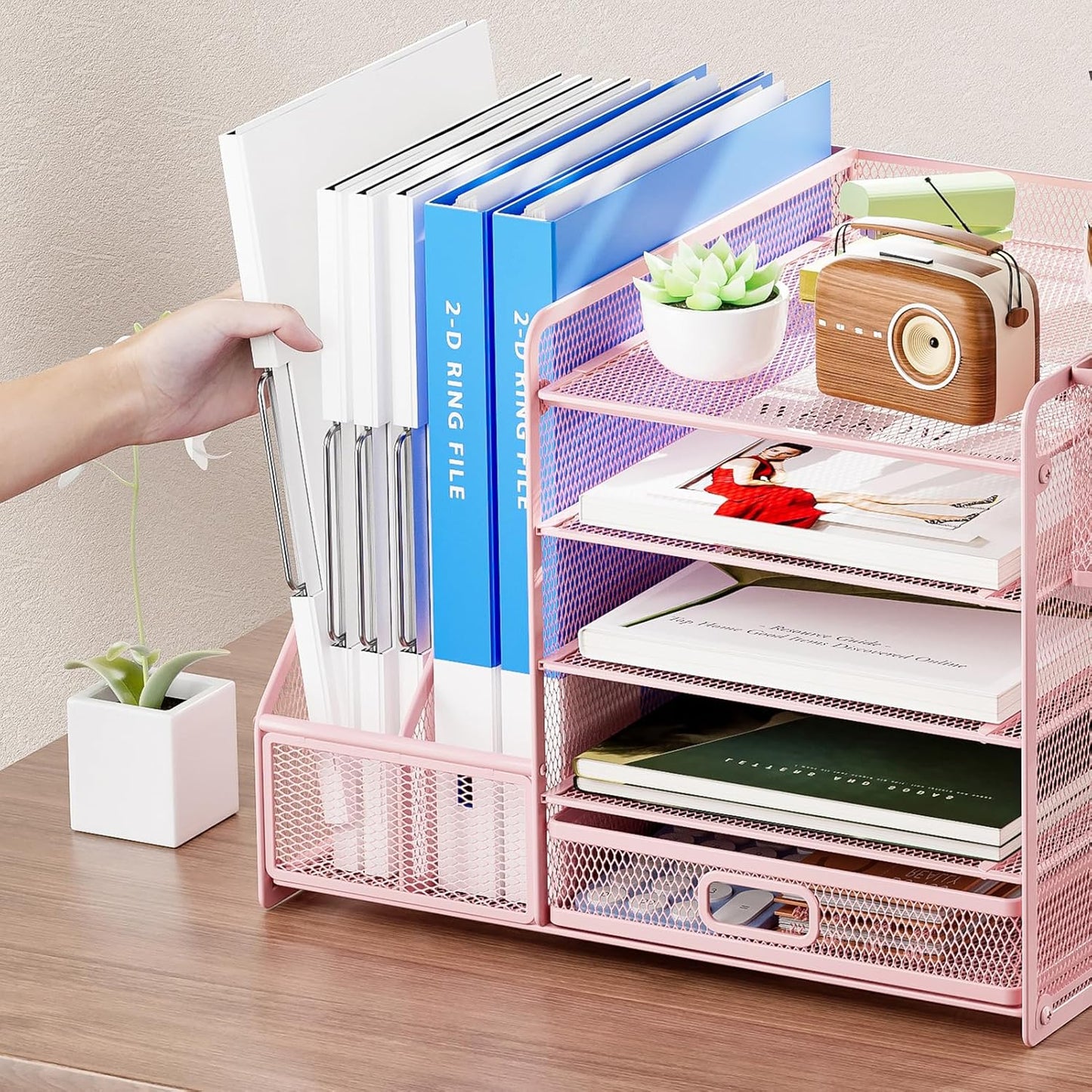 Marbrasse Desk Organizer with File Holder, 5-Tier Paper Letter Tray Organizer with Drawer and 2 Pen Holder, Mesh Desktop Organizer and Storage with Magazine Holder for Office Supplies(Pink)