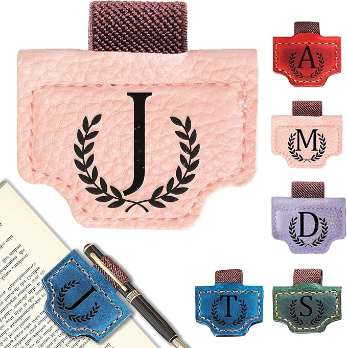 Personalized Bygone Mark Bookmark with Pen Holder, Leather Magnetic Bookmark 26 Letters Name Initial Bookmarks for Readers, Book Lover Gifts for Women Men Notebook Accessories (Pink, J)