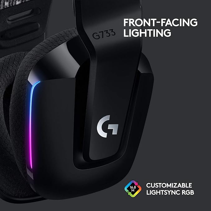 Logitech G733 Lightspeed Wireless Gaming Headset, Suspension Headband, Lightsync RGB, Blue VO!CE Mic, PRO-G Audio – Black, Gaming Headset Wireless, PC, PS5, PS4, Switch Compatible