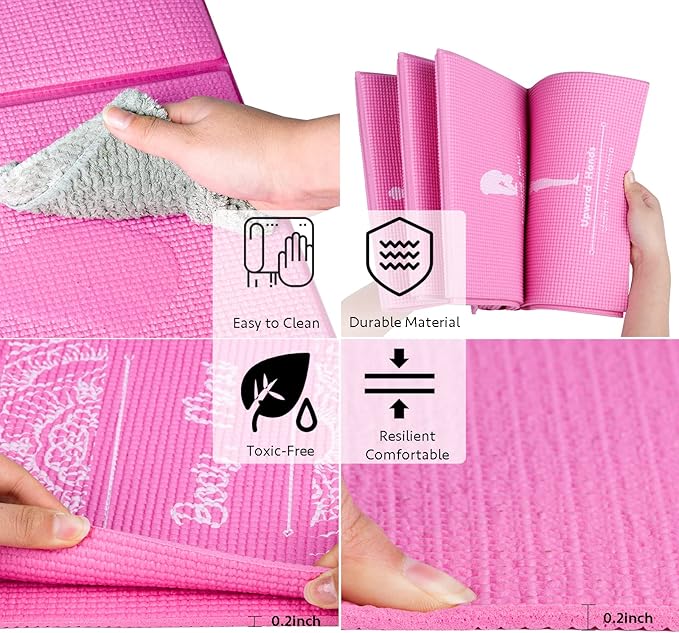 Foldable Yoga Mat for Women, Non Slip Exercise Mat for Home Gym, 5mm Travel Yoga Mats Set With Stretch Strap for Yoga Pilates and Fitness, 68"L x 24"W x 0.2 Inch Thick
