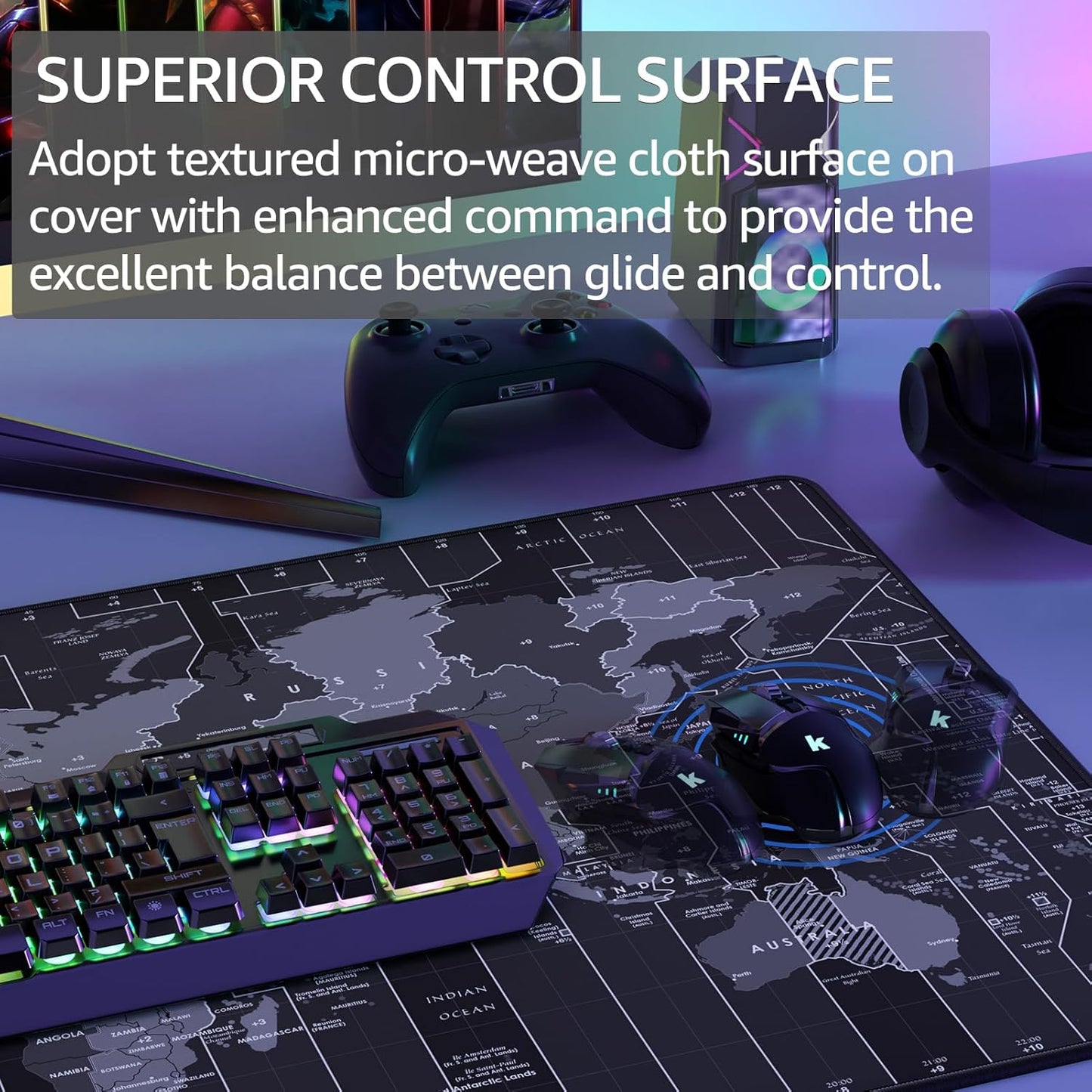 KTRIO Large Gaming Mouse Pad with Stitched Edges, Extended Mousepad with Superior Micro-Weave Cloth, Non-Slip Base, Water Resist Keyboard Pad, Desk Mat for Gamer, Office & Home, 31.5x15.7in, World Map