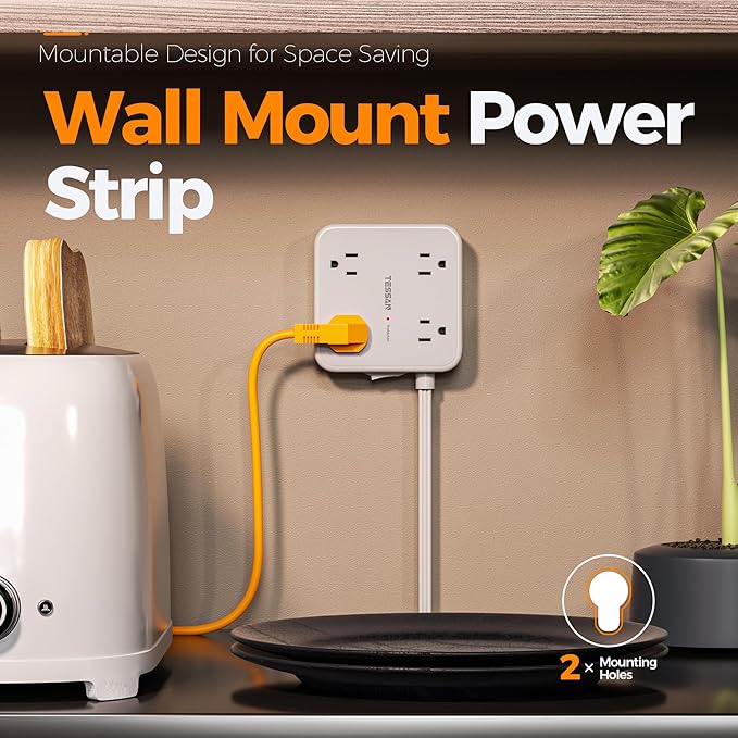 TESSAN Surge Protector Power Strip Flat Plug, Long Extension Cord 10 FT with 8 Outlets, 3 USB Ports(1 USB C), 3-Sided Outlet Extender, 900 Joules Protection, Desk Charging Station for Home, Office