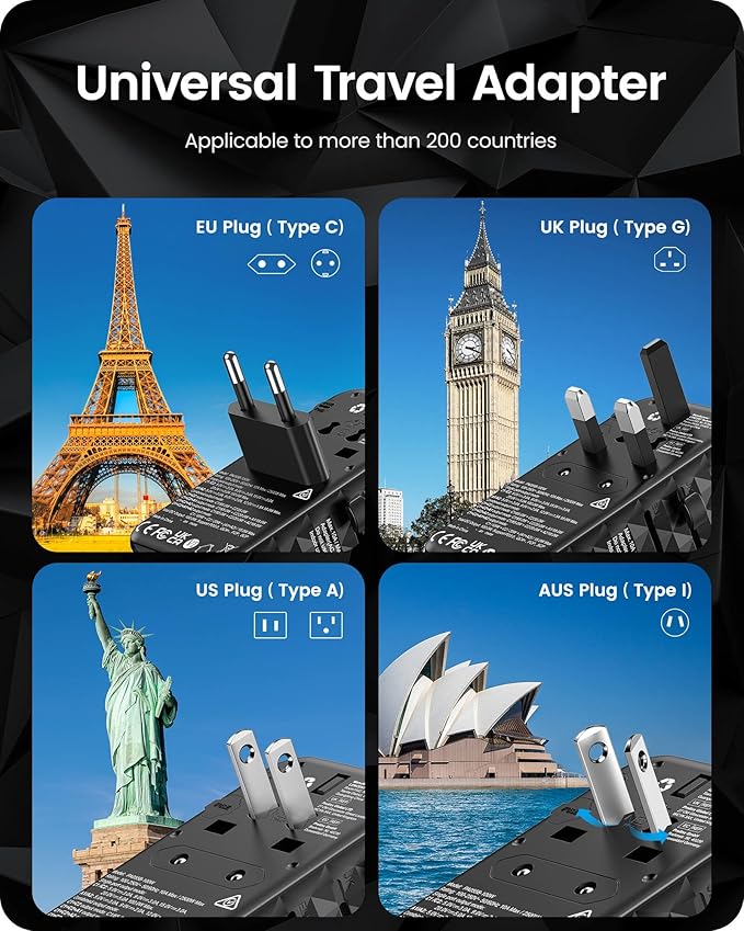 LENCENT 100W International Travel Adapter, GaN Universal Travel Adapter with 2 USB-A & 2 Type C Power Adapter, Fast Charger for Phone,Laptops, Worldwide Plug Adapter for USA/UK/EU/AUS, Black