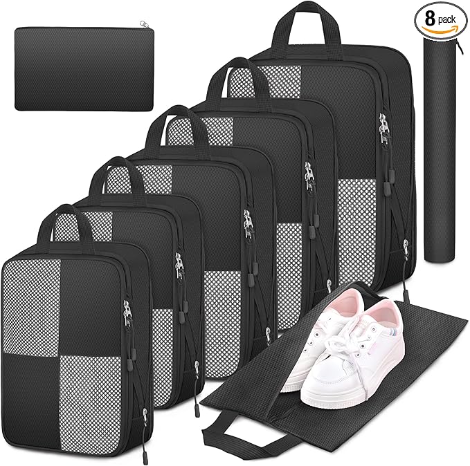 8 Set Compression Packing Cubes for Travel, Expandable Waterproof Travel Organizer, Lightweight Luggage Organizer with Shoes & Laundry Bags, Travel Accessories for Men Women, Black
