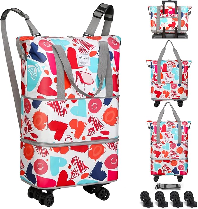 VOOWO Rolling Duffel Bag with Wheels - Foldable Expandable Duffle Bag with Wheels for Travel, Rolling Luggage Bag Wheeled Carry On Bag, Large Rolling Backpack Weekend Bags for Men Women (Love)