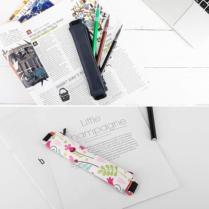 MoKo Pencil Case (2 Pack), PU Leather Pen Pencil Pouch Holder Stationery Zipper Bag with Elastic Strap for Pens, Pencils, Markers, Eraser - Printing & Dark Blue