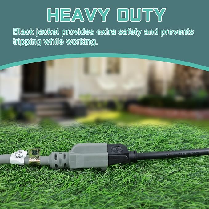 10 Ft Outdoor Extension Cord - 12/3 SJTW Heavy Duty Grey Extension Cable with 3 Prong Grounded Plug - Power Cord for Lawn, Garden, Appliances