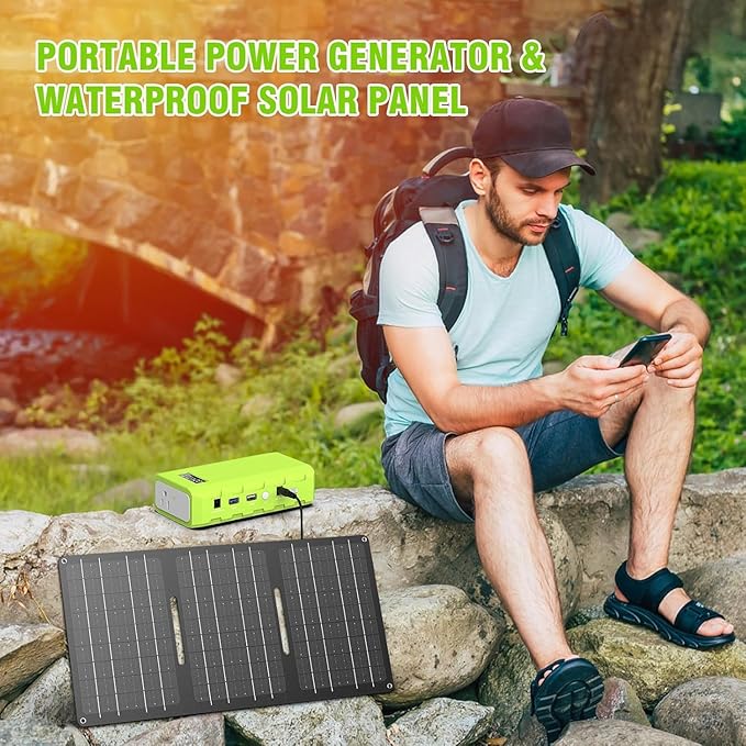 powkey 24000mAh/65W Solar Generator 30W with Panels Included, 88Wh Portable Power Station with AC Outlet, Lithium Battery Rechargeable Powered Bank with 110V AC Outlet for Emergency (Green+Black)