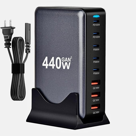 440W Charging Station for Multiple Devices,USB C 8-Port Multi GaN Adapter Block, Charging Station Hub, Fast Charging USB C Charger Block for MacBook Pro/Air/iPad, Samsung, iPhone, Home Office Use