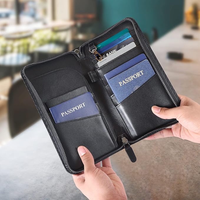 Polare Full Grain Leather Family Travel Passport Wallet and Documents Organizer RFID Blocking Case Holder Fits 6 Passports for Men and Women