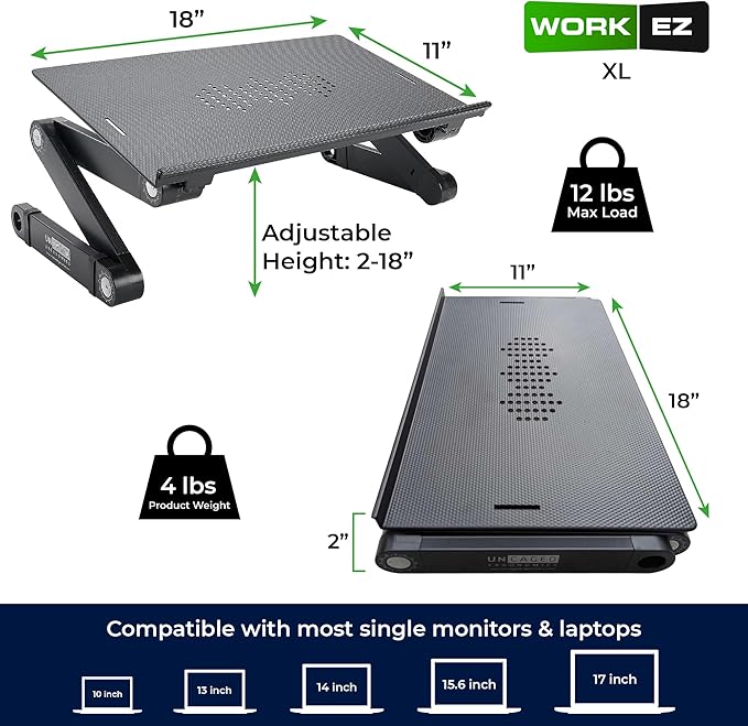 Uncaged Ergonomics WorkEZ Adjustable Laptop Stand for Desk, Laptop Stand Adjustable Height, Foldable Aluminum Cooling Computer Holder & Riser for Desk Bed, Black, XL