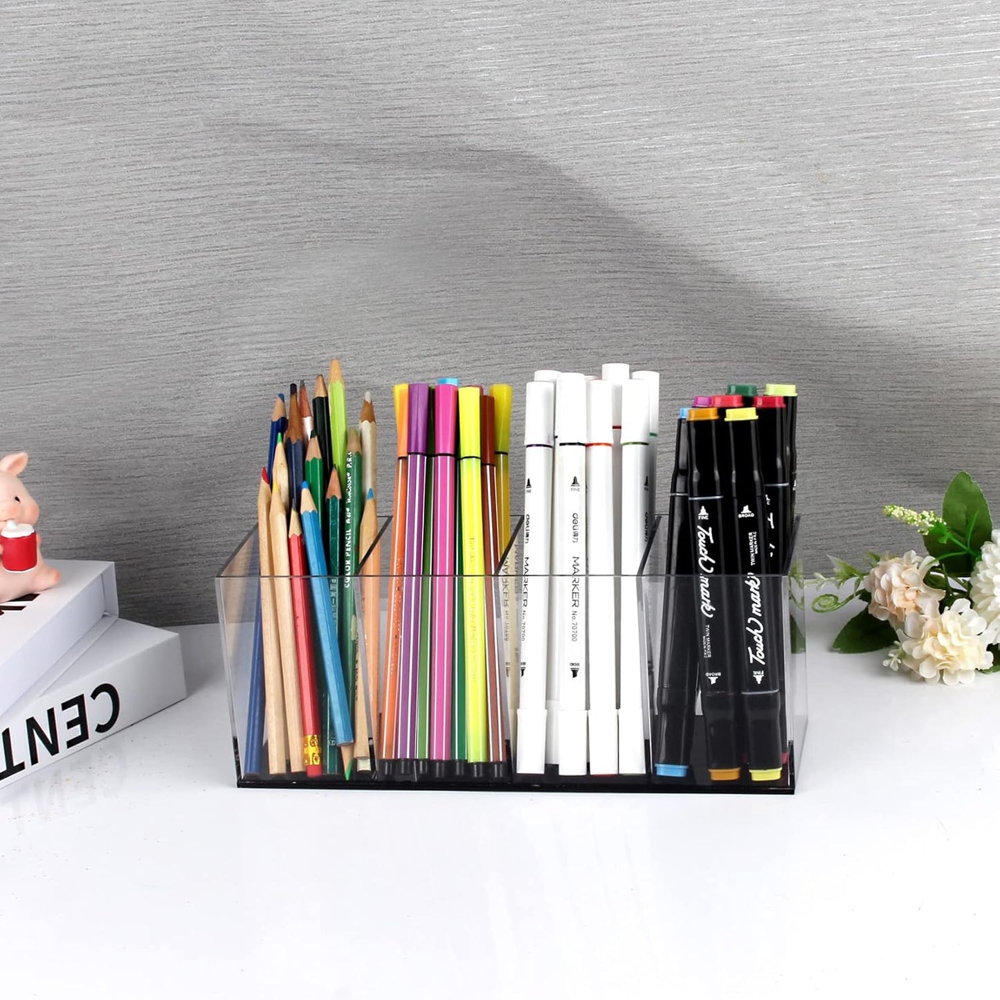 Acrylic Clear Pen Holder 4 Slot Pencil Organizer Countertop,Pencil Stationery Organizer for Office Accessory Storage (Black based)