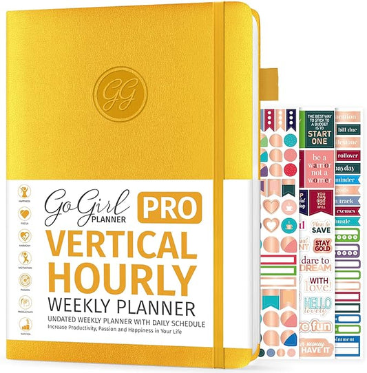 GoGirl Planner PRO Schedule - Undated Planner with Hourly Time Slots, Monthly, Weekly & Daily Organizer, Appointment Book for time Management, 7"x10" Hardcover, Lasts 1 Year - Amber Yellow