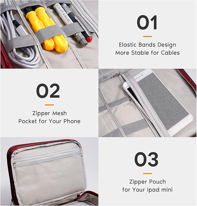 Electronics Organizer, OrgaWise Electronic Accessories Bag Travel Cable Organizer Three-Layer for iPad Mini, Kindle, Hard Drives, Cables, Chargers
