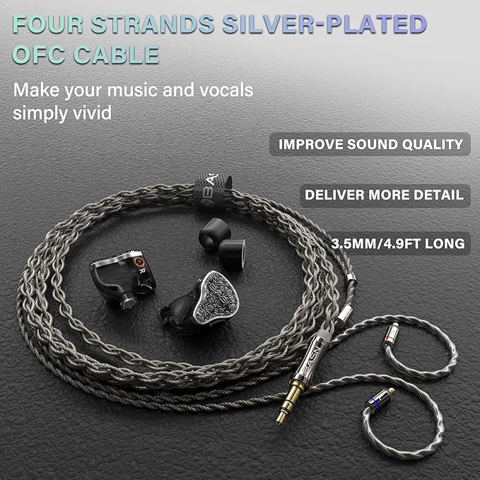 BASN Bmaster5 in Ear Monitors, 1DLC Diaphragm+4BA 5 Drivers Drummers Headphones with Silver-Plated OFC Cable, Noise Isolation IEM Earbuds for Musicians (Midnight Black)