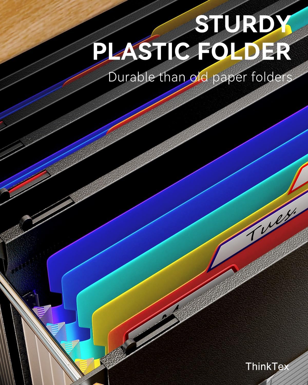 ThinkTex Plastic Expanding Hanging File Folders, 7 Innovative 1.2" Accordion Pockets, Large Capacity, Multi-Color Tabs, Legal Size for Filing Cabinet - 1 Pack