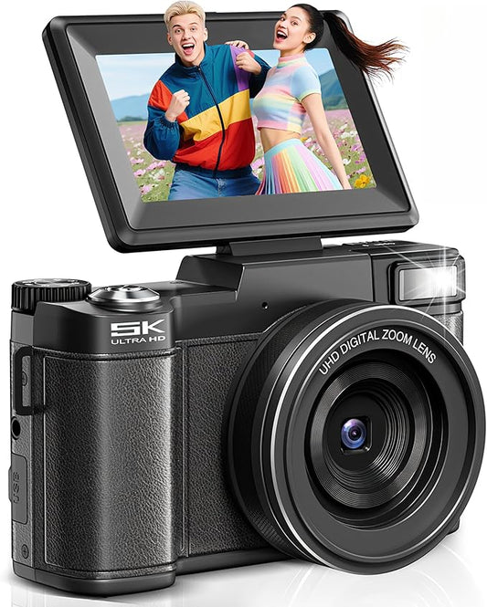 Digital Camera 5K, 64MP Cameras for Photography, YouTube Vlogging, 18X Zoom UHD Autofocus Compact Point and Shoot Flip Screen Camera with 64GB SD Card, 2 Batteries, Small Photo Camera for Kids, Teen