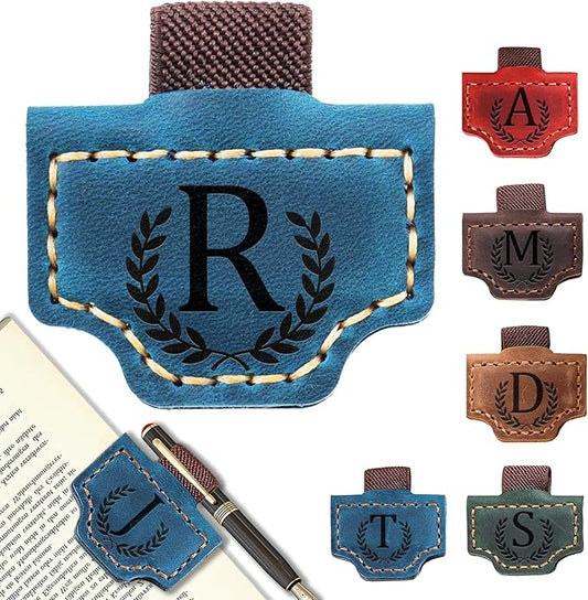 Personalized Bygone Mark Bookmark with Pen Holder, Leather Magnetic Bookmark 26 Letters Name Initial Bookmarks for Readers, Book Lover Gifts for Women Men Notebook Accessories (Blue, R)