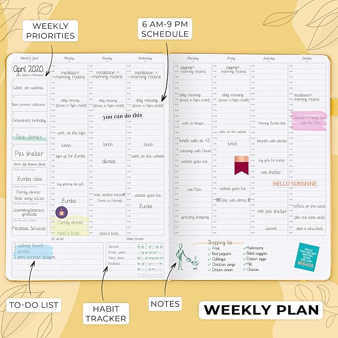 GoGirl Planner PRO Schedule - Undated Planner with Hourly Time Slots, Monthly, Weekly & Daily Organizer, Appointment Book for time Management, 7"x10" Hardcover, Lasts 1 Year - Amber Yellow