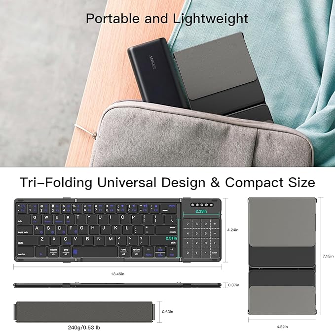 XIWMIX 2-in-1 Foldable Bluetooth Keyboard with Touchpad & Number Pad, Multi-Device Folding Wireless Rechargeable Portable Travel Keyboard for iPad,Laptop,PC,Compatible with Windows,iOS,Android,MacOS