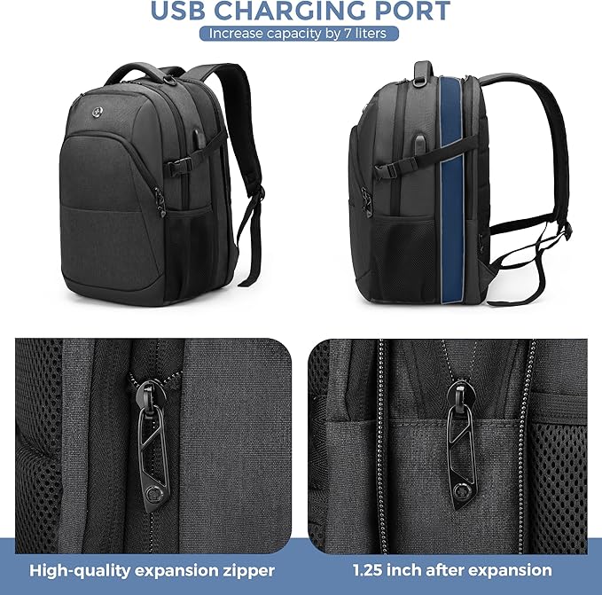 Swissdigital Design Travel Laptop Backpack for Men and Women, 35L Expandable Large College Backpack with USB Charging Port for Fits 17 Inch Notebook, Grey | ANDWIL PRO