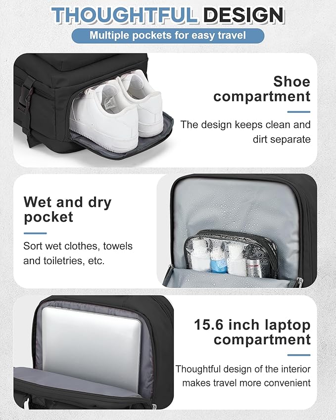 VECAVE Carry On Backpack for Women,Large Travel Backpack Flight Approved,Waterproof 15.6 Inch Laptop Backpack Business Work Backpacks Men Mochila De Viaje Black