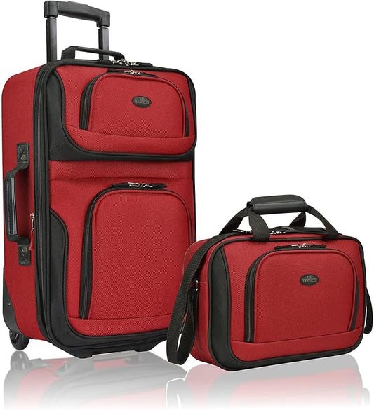 U.S. Traveler, Rio Rugged Fabric Expandable Upright Rolling Carry-on Luggage Set w/ Tote Bag, Red, 2-Piece (21/14)