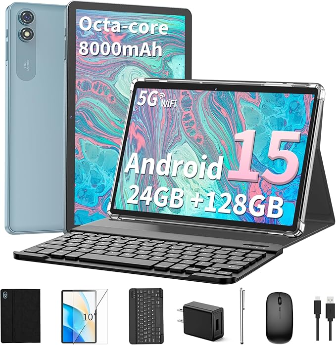 2025 Android 15 Tablet with Keyboard, 24GB+128GB+2TB Expand, 10.1 Inch Octa-Core 2-in-1 Tablets with 5G/2.4G WiFi, 8000mAh, BT5.0, GMS Certified, with Mouse, Case, Stylus, Split Screen(Black)