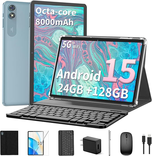 2025 Android 15 Tablet with Keyboard, 24GB+128GB+2TB Expand, 10.1 Inch Octa-Core 2-in-1 Tablets with 5G/2.4G WiFi, 8000mAh, BT5.0, GMS Certified, with Mouse, Case, Stylus, Split Screen(Black)